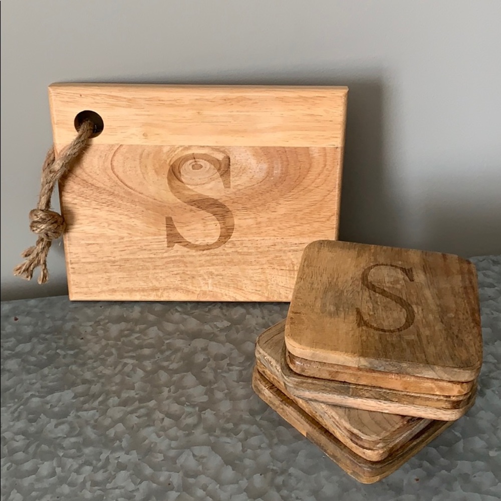World Market S monogramed woodcut board & coasters